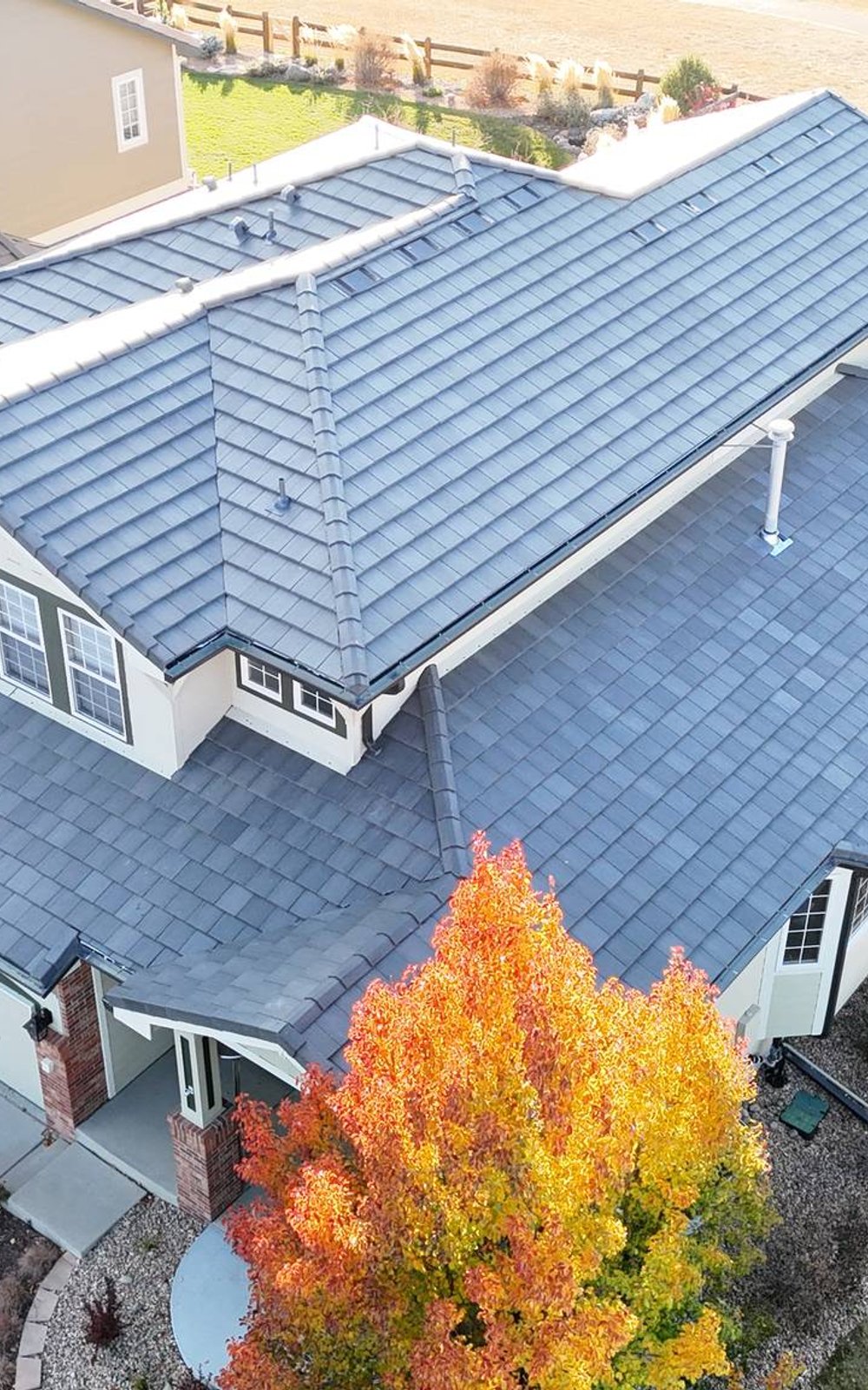 Aerial view of a completed concrete tile roof in the Parker area